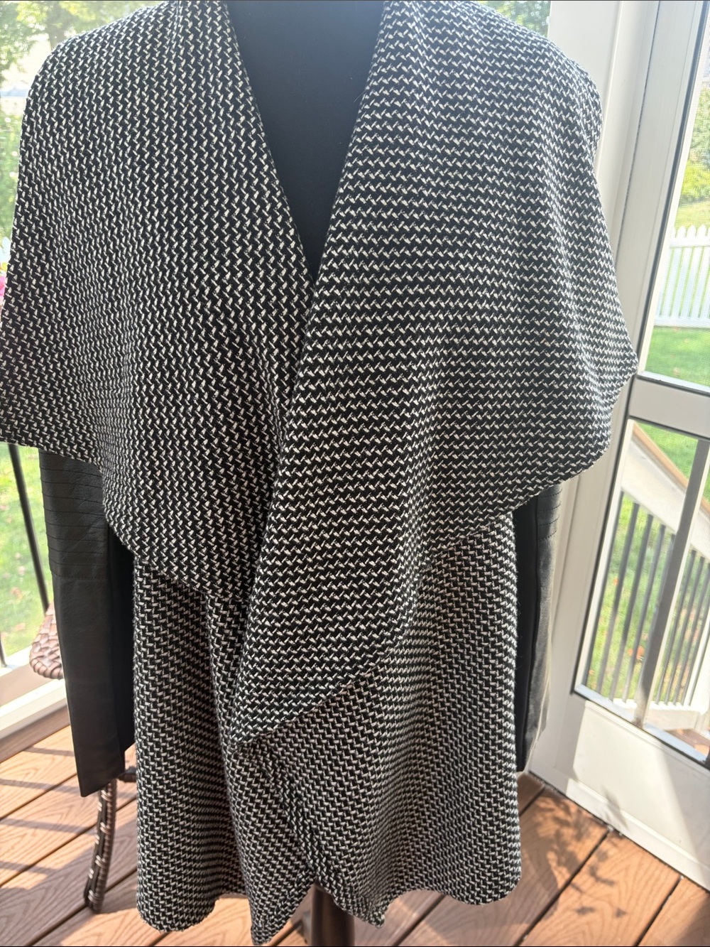 Baccini Black and White Herringbone Print Open-Front Draped Knit Jacket